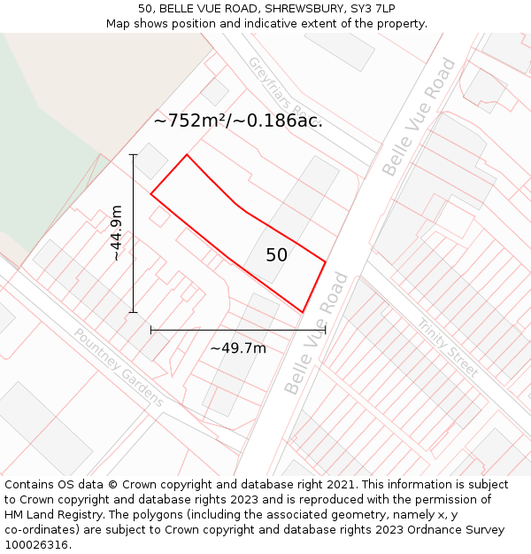 50, BELLE VUE ROAD, SHREWSBURY, SY3 7LP: Plot and title map