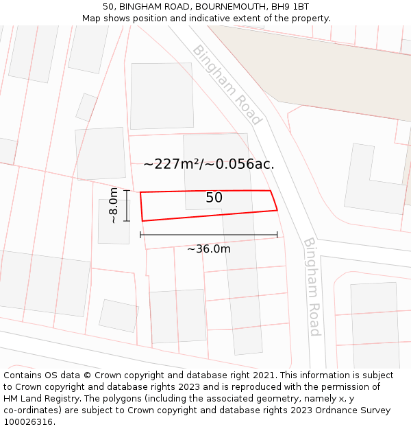 50, BINGHAM ROAD, BOURNEMOUTH, BH9 1BT: Plot and title map