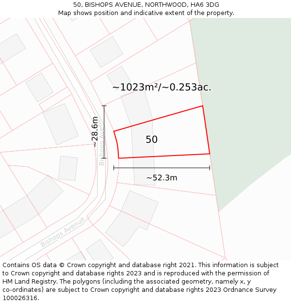 50, BISHOPS AVENUE, NORTHWOOD, HA6 3DG: Plot and title map