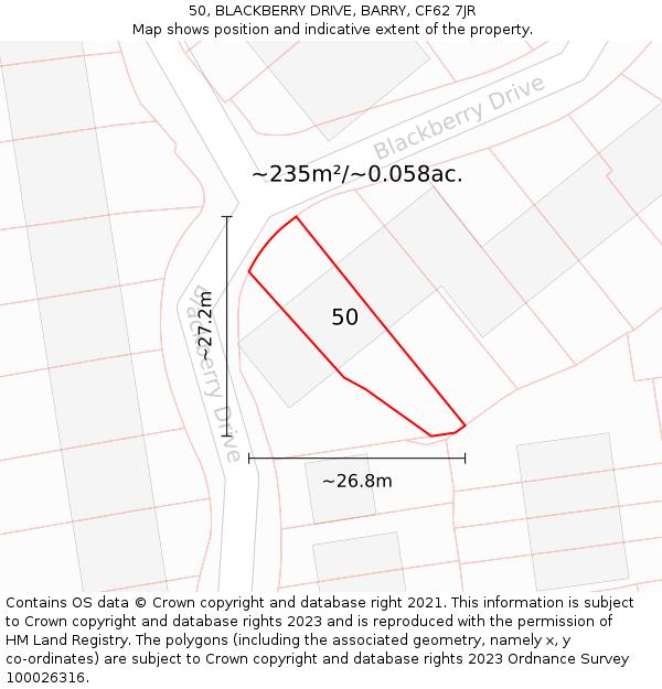 50, BLACKBERRY DRIVE, BARRY, CF62 7JR: Plot and title map