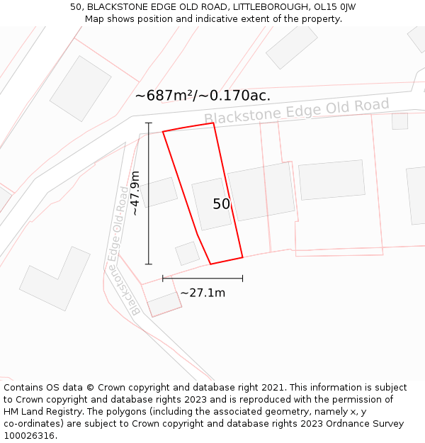 50, BLACKSTONE EDGE OLD ROAD, LITTLEBOROUGH, OL15 0JW: Plot and title map