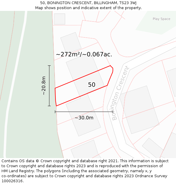 50, BONINGTON CRESCENT, BILLINGHAM, TS23 3WJ: Plot and title map