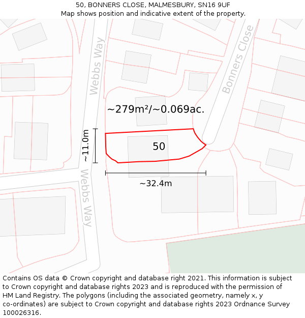 50, BONNERS CLOSE, MALMESBURY, SN16 9UF: Plot and title map