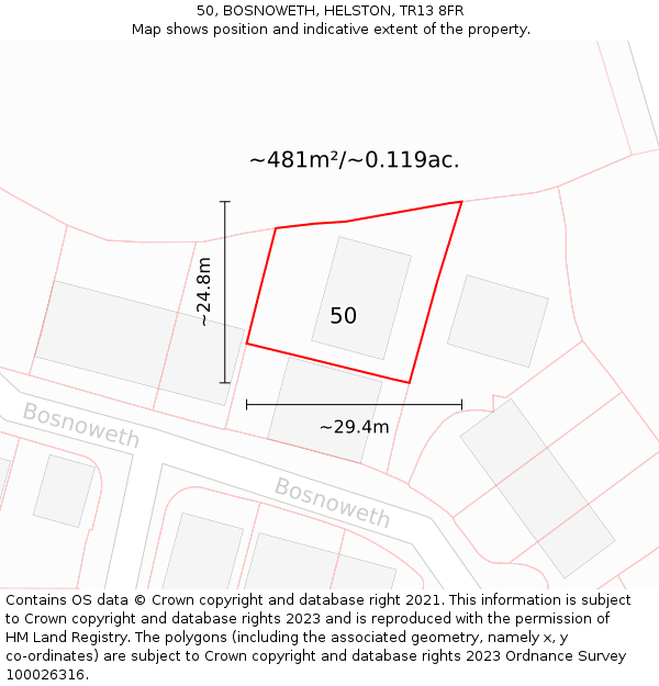 50, BOSNOWETH, HELSTON, TR13 8FR: Plot and title map