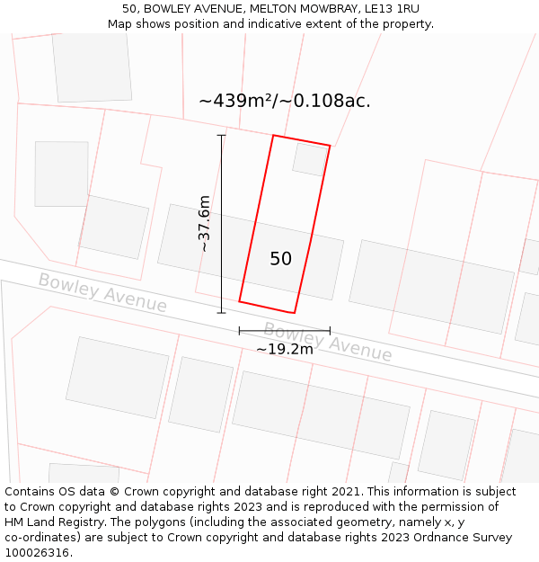 50, BOWLEY AVENUE, MELTON MOWBRAY, LE13 1RU: Plot and title map