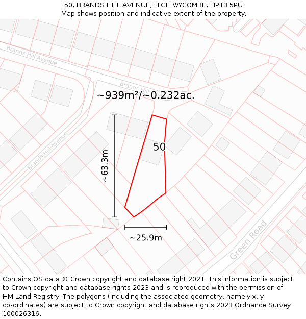 50, BRANDS HILL AVENUE, HIGH WYCOMBE, HP13 5PU: Plot and title map