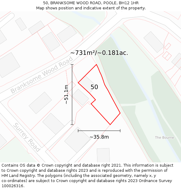 50, BRANKSOME WOOD ROAD, POOLE, BH12 1HR: Plot and title map
