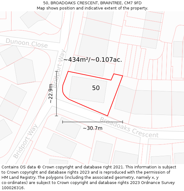 50, BROADOAKS CRESCENT, BRAINTREE, CM7 9FD: Plot and title map