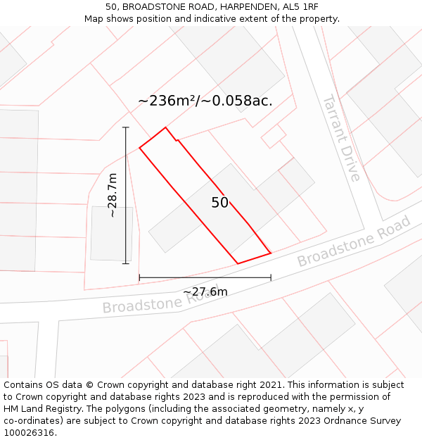 50, BROADSTONE ROAD, HARPENDEN, AL5 1RF: Plot and title map