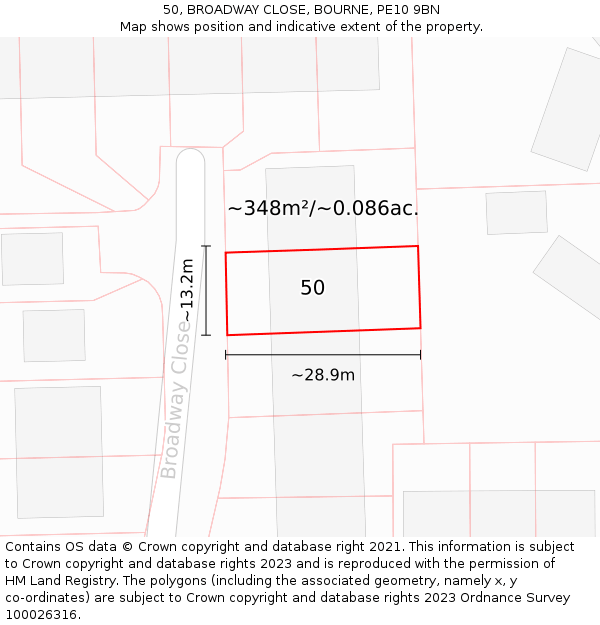 50, BROADWAY CLOSE, BOURNE, PE10 9BN: Plot and title map