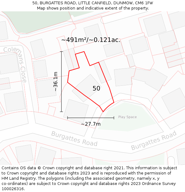 50, BURGATTES ROAD, LITTLE CANFIELD, DUNMOW, CM6 1FW: Plot and title map