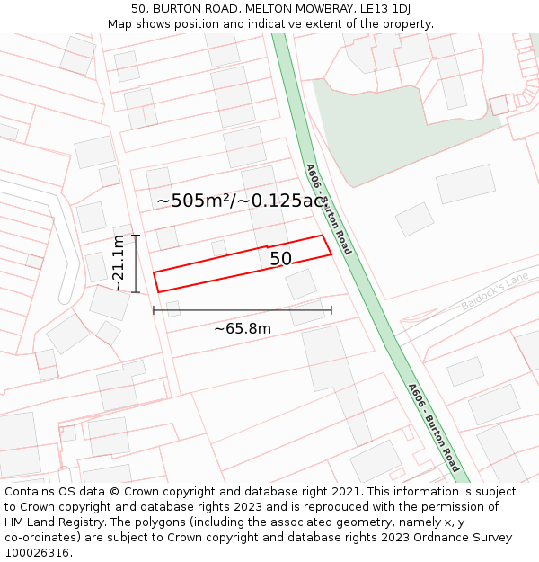 50, BURTON ROAD, MELTON MOWBRAY, LE13 1DJ: Plot and title map