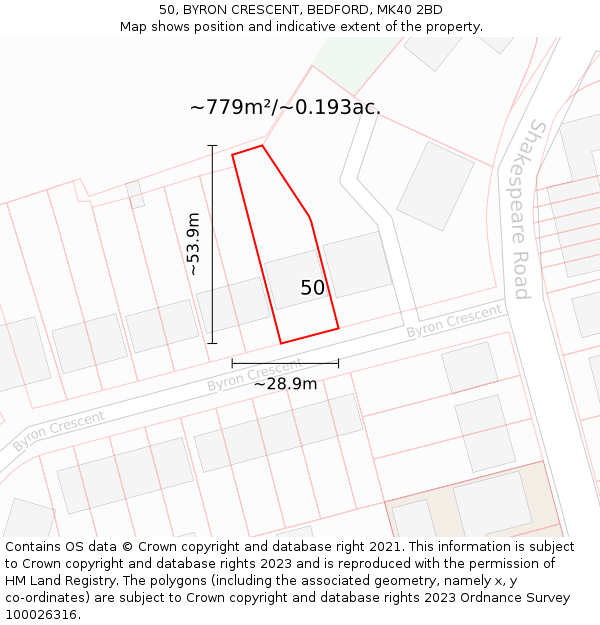 50, BYRON CRESCENT, BEDFORD, MK40 2BD: Plot and title map