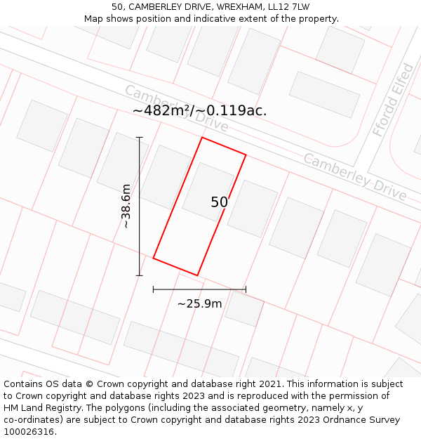 50, CAMBERLEY DRIVE, WREXHAM, LL12 7LW: Plot and title map