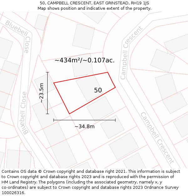 50, CAMPBELL CRESCENT, EAST GRINSTEAD, RH19 1JS: Plot and title map