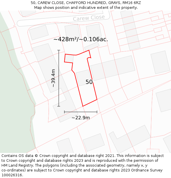 50, CAREW CLOSE, CHAFFORD HUNDRED, GRAYS, RM16 6RZ: Plot and title map