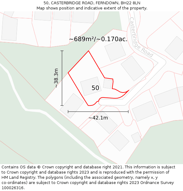 50, CASTERBRIDGE ROAD, FERNDOWN, BH22 8LN: Plot and title map