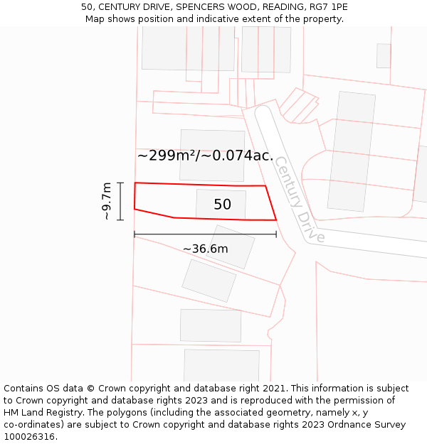 50, CENTURY DRIVE, SPENCERS WOOD, READING, RG7 1PE: Plot and title map