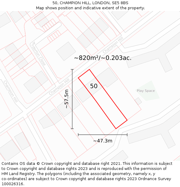 50, CHAMPION HILL, LONDON, SE5 8BS: Plot and title map