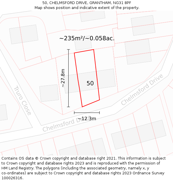 50, CHELMSFORD DRIVE, GRANTHAM, NG31 8PF: Plot and title map