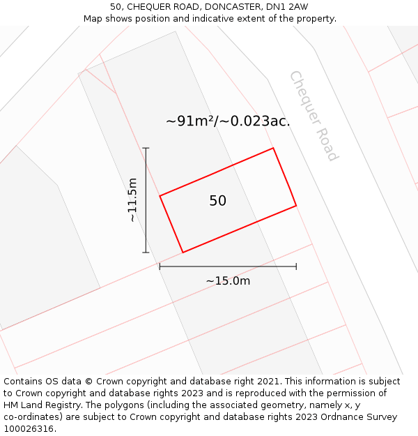 50, CHEQUER ROAD, DONCASTER, DN1 2AW: Plot and title map