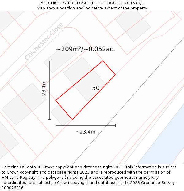 50, CHICHESTER CLOSE, LITTLEBOROUGH, OL15 8QL: Plot and title map