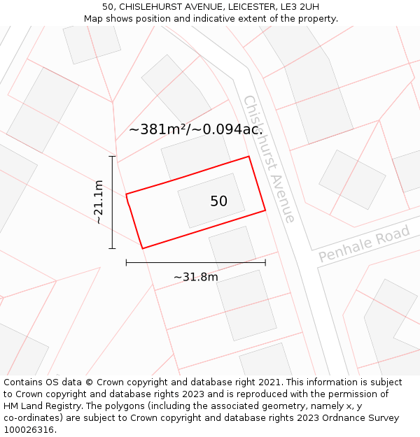 50, CHISLEHURST AVENUE, LEICESTER, LE3 2UH: Plot and title map