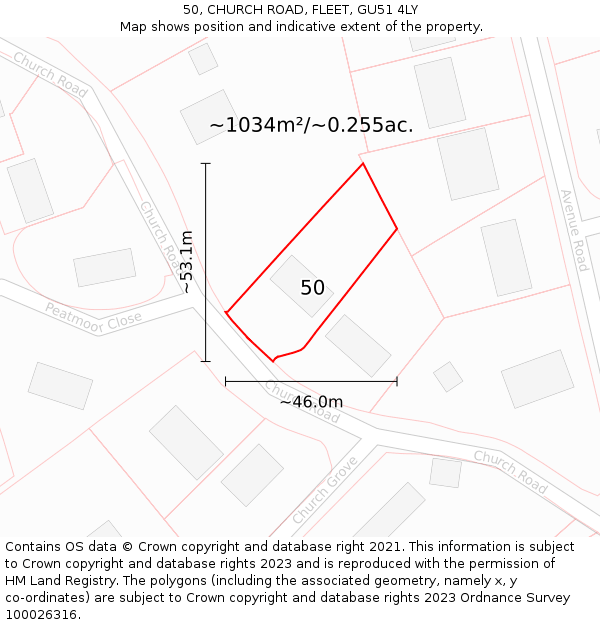 50, CHURCH ROAD, FLEET, GU51 4LY: Plot and title map