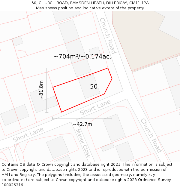 50, CHURCH ROAD, RAMSDEN HEATH, BILLERICAY, CM11 1PA: Plot and title map