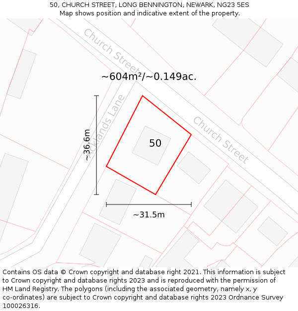 50, CHURCH STREET, LONG BENNINGTON, NEWARK, NG23 5ES: Plot and title map