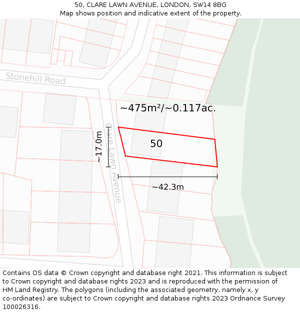50, CLARE LAWN AVENUE, LONDON, SW14 8BG: Plot and title map