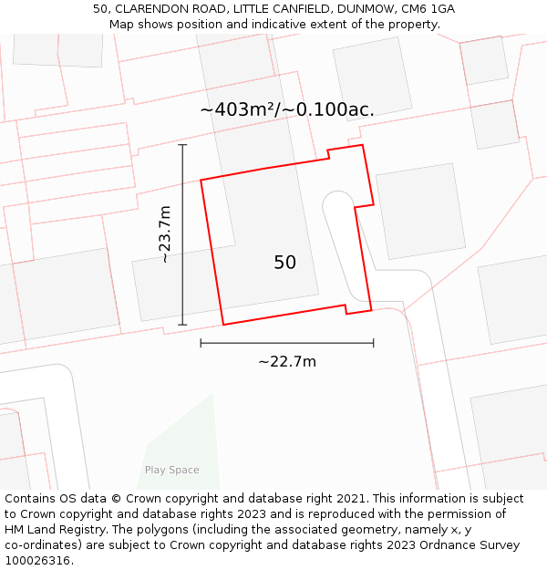 50, CLARENDON ROAD, LITTLE CANFIELD, DUNMOW, CM6 1GA: Plot and title map