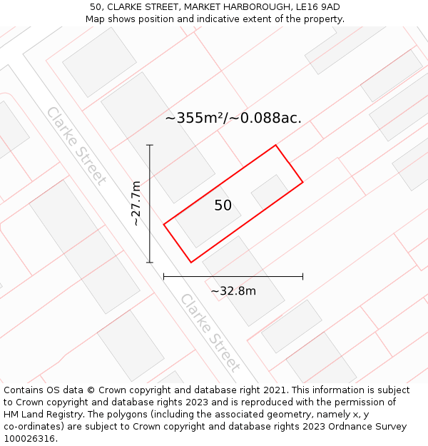 50, CLARKE STREET, MARKET HARBOROUGH, LE16 9AD: Plot and title map