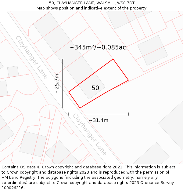 50, CLAYHANGER LANE, WALSALL, WS8 7DT: Plot and title map