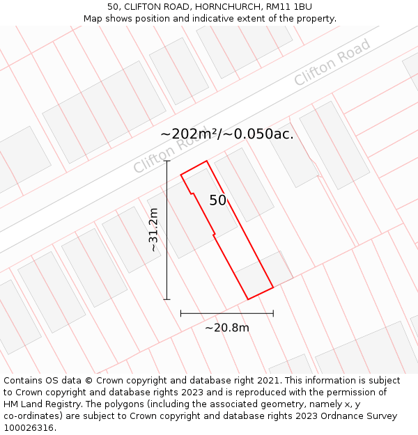 50, CLIFTON ROAD, HORNCHURCH, RM11 1BU: Plot and title map