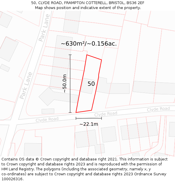 50, CLYDE ROAD, FRAMPTON COTTERELL, BRISTOL, BS36 2EF: Plot and title map