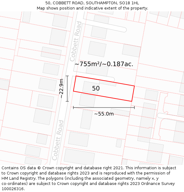 50, COBBETT ROAD, SOUTHAMPTON, SO18 1HL: Plot and title map