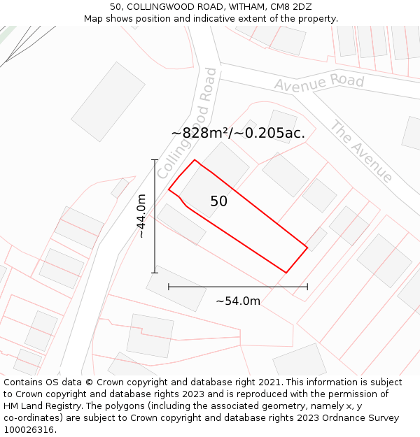 50, COLLINGWOOD ROAD, WITHAM, CM8 2DZ: Plot and title map