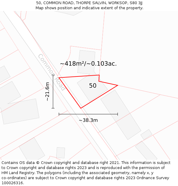 50, COMMON ROAD, THORPE SALVIN, WORKSOP, S80 3JJ: Plot and title map