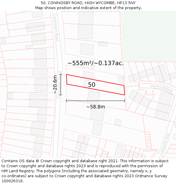 50, CONINGSBY ROAD, HIGH WYCOMBE, HP13 5NY: Plot and title map