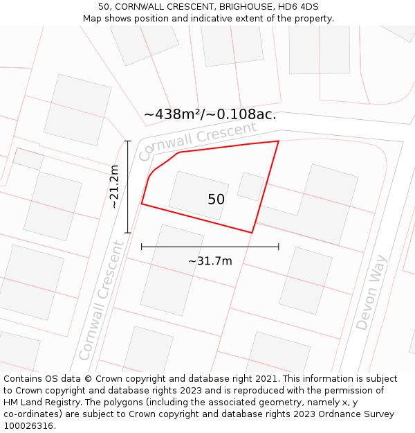 50, CORNWALL CRESCENT, BRIGHOUSE, HD6 4DS: Plot and title map