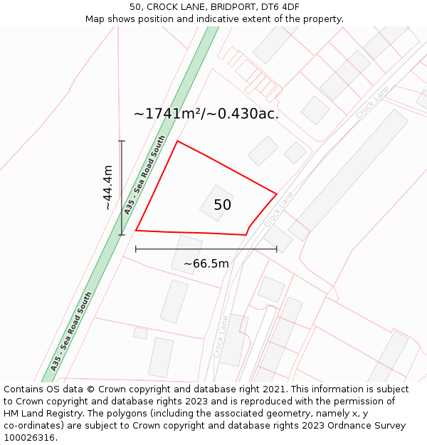 50, CROCK LANE, BRIDPORT, DT6 4DF: Plot and title map