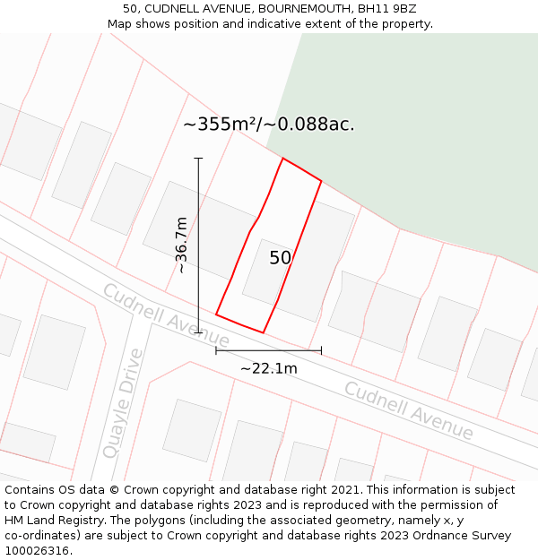 50, CUDNELL AVENUE, BOURNEMOUTH, BH11 9BZ: Plot and title map
