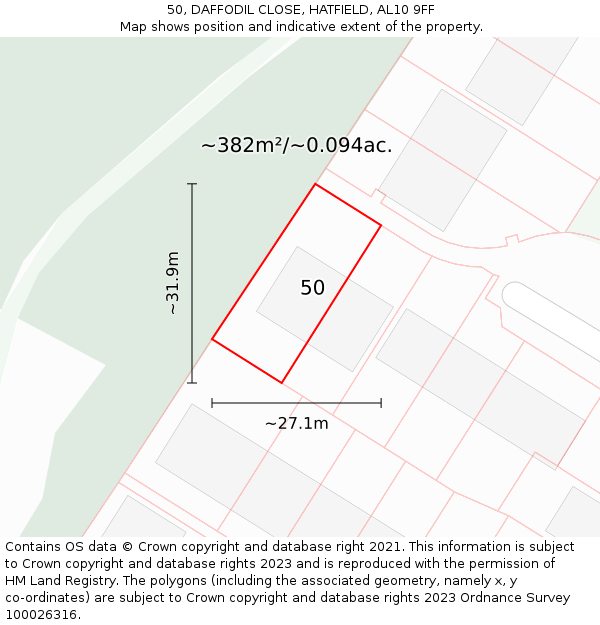 50, DAFFODIL CLOSE, HATFIELD, AL10 9FF: Plot and title map