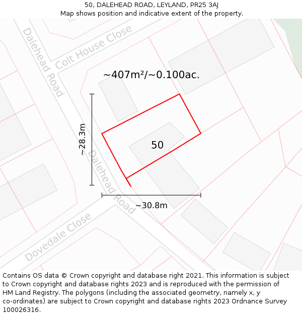 50, DALEHEAD ROAD, LEYLAND, PR25 3AJ: Plot and title map