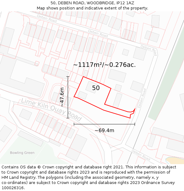 50, DEBEN ROAD, WOODBRIDGE, IP12 1AZ: Plot and title map
