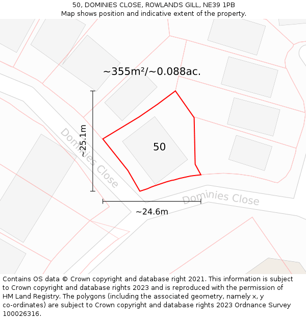 50, DOMINIES CLOSE, ROWLANDS GILL, NE39 1PB: Plot and title map