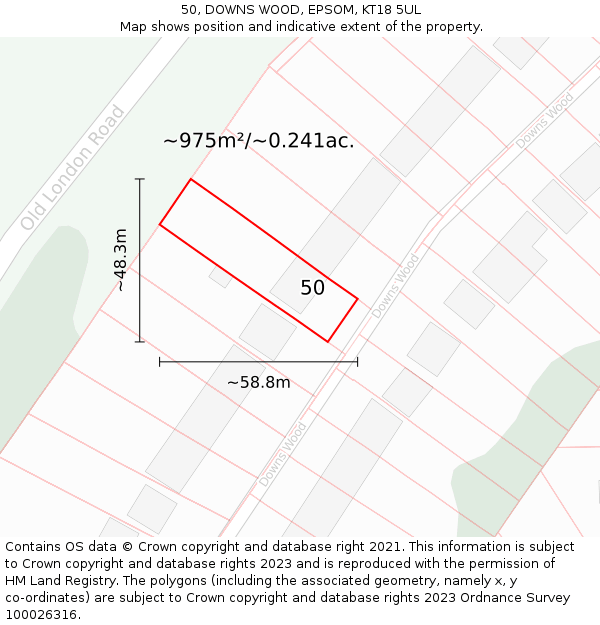 50, DOWNS WOOD, EPSOM, KT18 5UL: Plot and title map