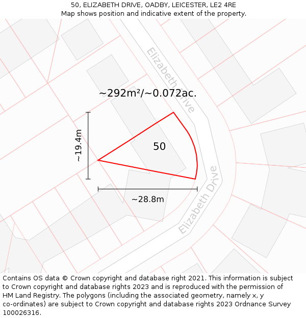 50, ELIZABETH DRIVE, OADBY, LEICESTER, LE2 4RE: Plot and title map