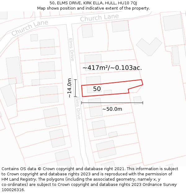 50, ELMS DRIVE, KIRK ELLA, HULL, HU10 7QJ: Plot and title map